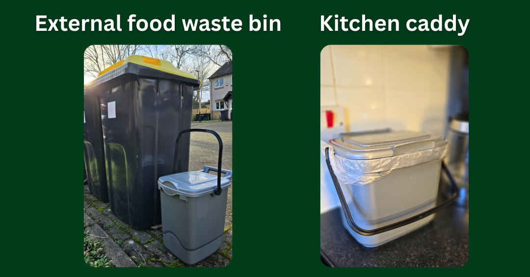 A silver external food waste bin with its handle pointing upwards next to recycling wheelie bins. A silver kitchen caddy with black handle, lined with a clear plastic liner on a kitchen counter next to a kettle
